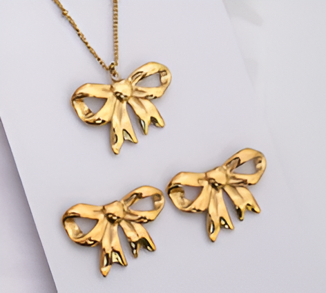 Golden Bow Necklace & Earring Set