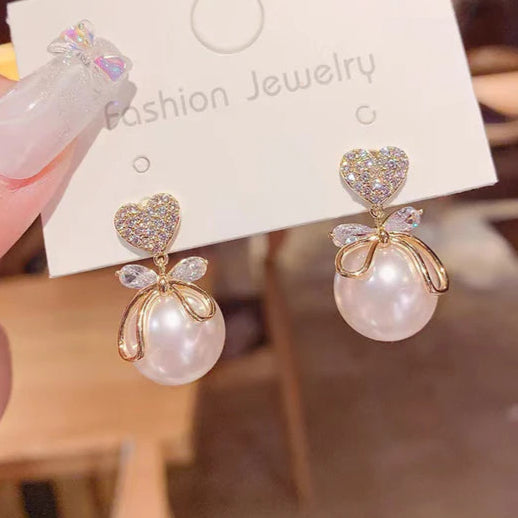 Pearl Heart Bow Earrings