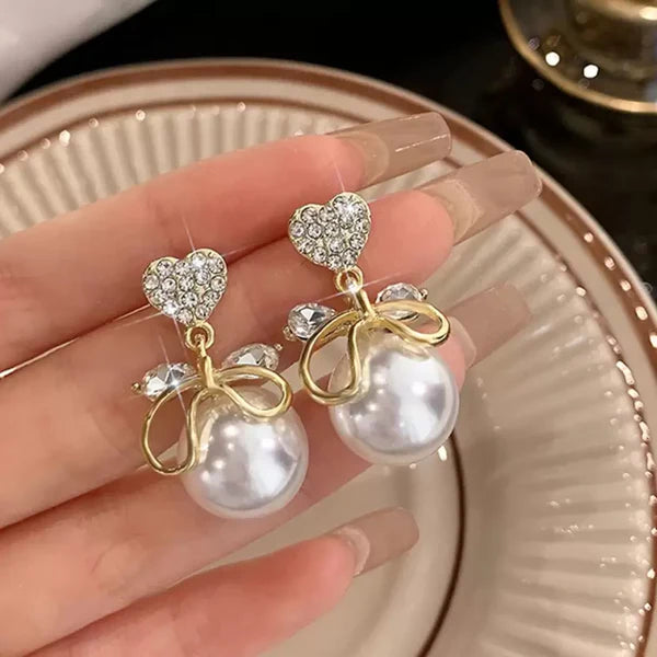 Pearl Heart Bow Earrings