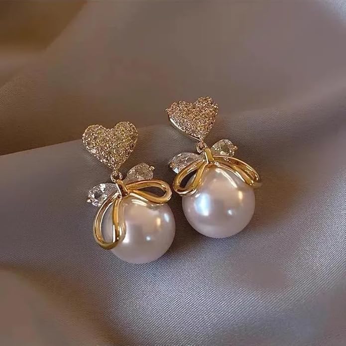 Pearl Heart Bow Earrings