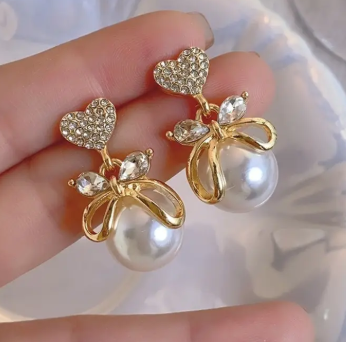 Pearl Heart Bow Earrings