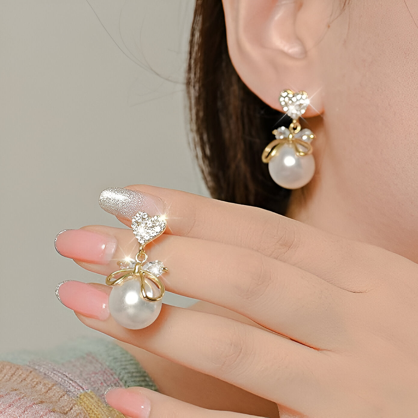 Pearl Heart Bow Earrings