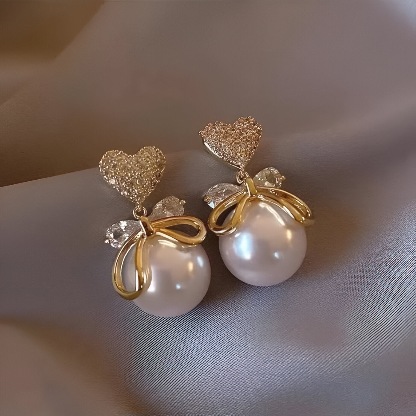 Pearl Heart Bow Earrings